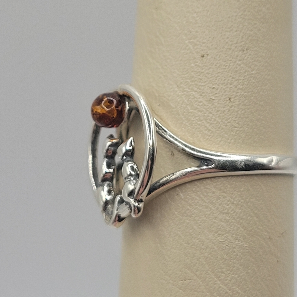 925 Sterling Silver Cat Ring Amber Stone Handmade Womens Size 8.5 Cute Unique - Picture 3 of 6